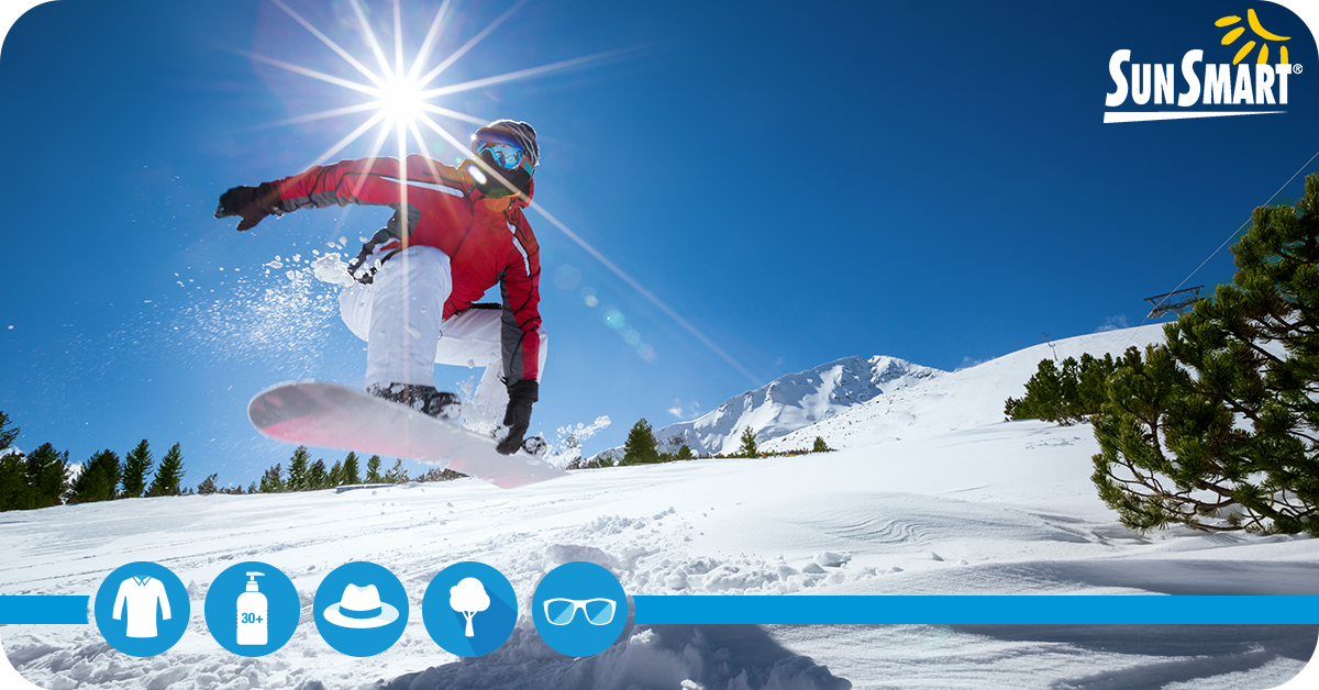 Image showing someone snowboarding on a sunny day with icons promoting sun protection (such as sunglasses, sunscreen and clothing).